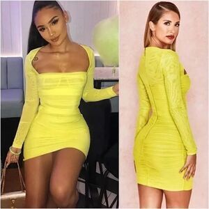 NWOT HOUSE OF CB  Neon Long Sleeve Ruched Sheer Mesh Bodycon Mini Dress XS